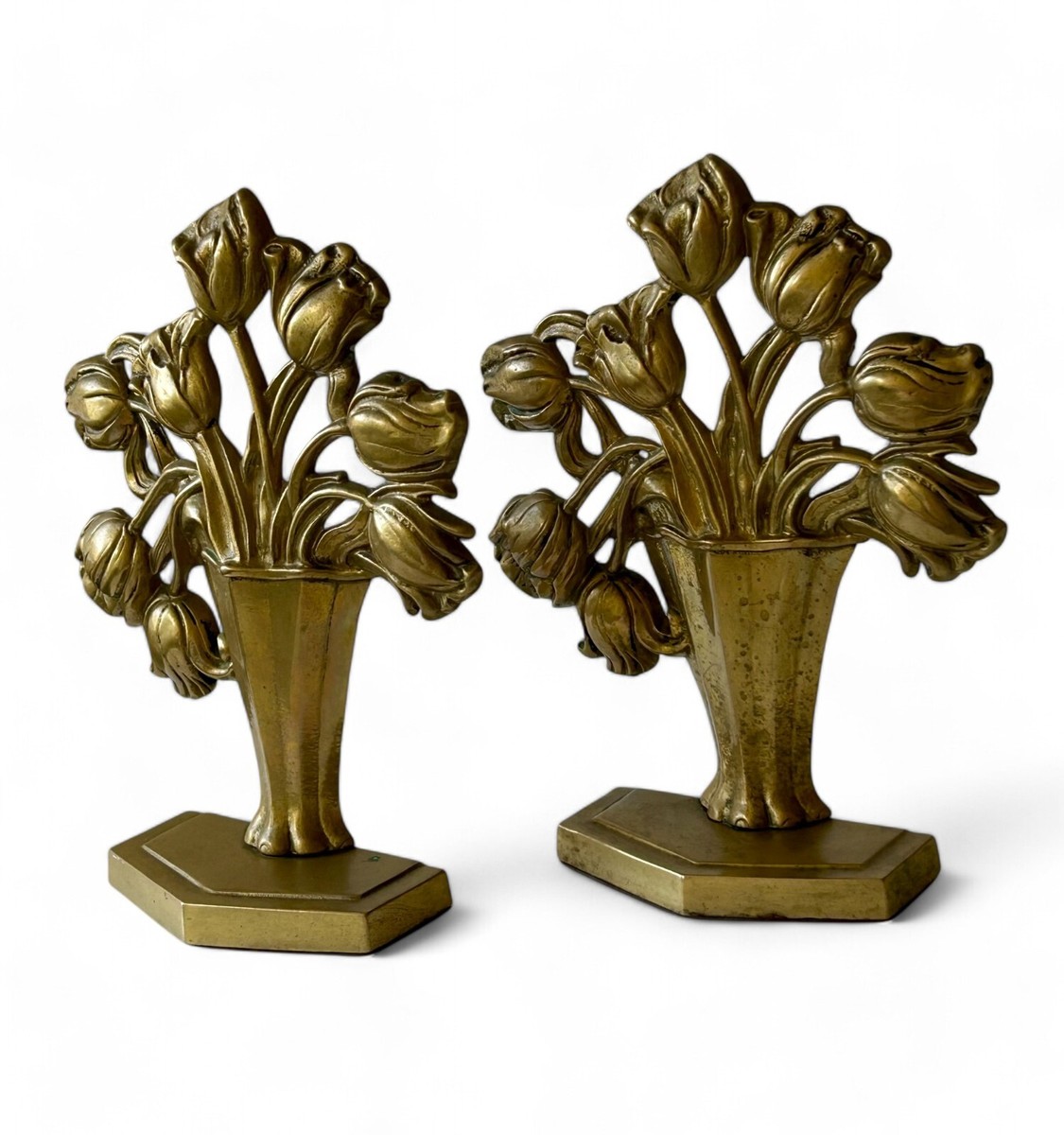 Vintage solid brass tulip bookends doorstop pair vase Art