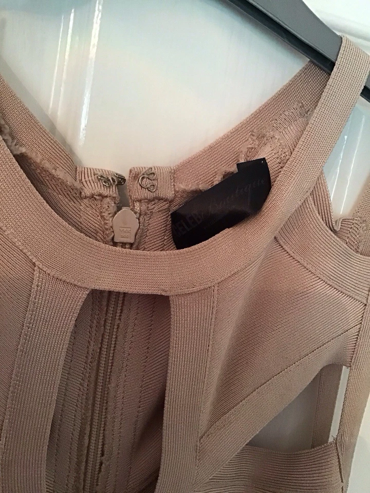 Glam Beige Frill Skirt Fitted Classy Original Bandage Dress 10 Celeb Boutique - Image 3 of 4