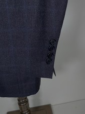 Canali Gray Windowpane Check 120s Flannel 44L Gray Blue Sport Coat Blazer Jacket