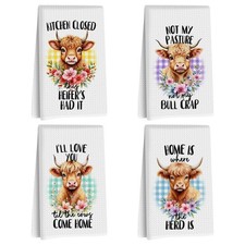 4 Pcs Funny Cow Kitchen Towels, Highland cattle Flower Decorative Absorbent M