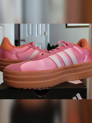 Adidas VL Court Bold J Pink Satin Platform Sneakers with Gum-Tone Sole