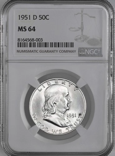 1951-D  50C FRANKLIN SILVER HALF DOLLAR  NGC MS64 #8164568-003 (TONING SPOTS)