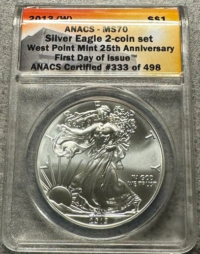 2013-W Silver Eagle ANACS MS70 West Point Mint 25th Anniversary FDOI-Free Ship