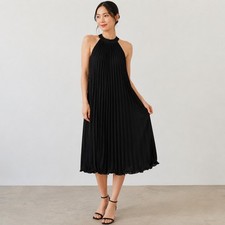 SHEIN BAE Black Pleated Halter Midi Dress Tie Neck Sleeveless Size S
