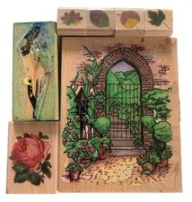 Wooden Rubber Stamp Set Nature Garden Themes Leaf Rose Designs