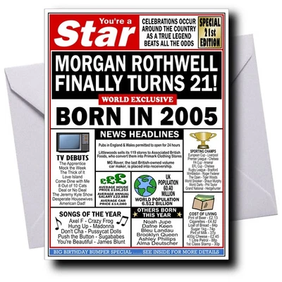 BEESPOKE CARDS PERSONALISED 21st BIRTHDAY CARD FOR MEN & WOMEN, FUN RETRO NEWSPAPER YEAR 2005