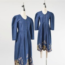 Vintage 80s Denim Puff Sleeve Embroidered Floral Jean Cottagecore Midi Dress S M