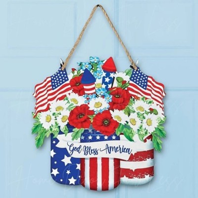 Patriotic GOD BLESS AMERICA Floral Welcome Sign Hanging July 4th Door Wall Decor