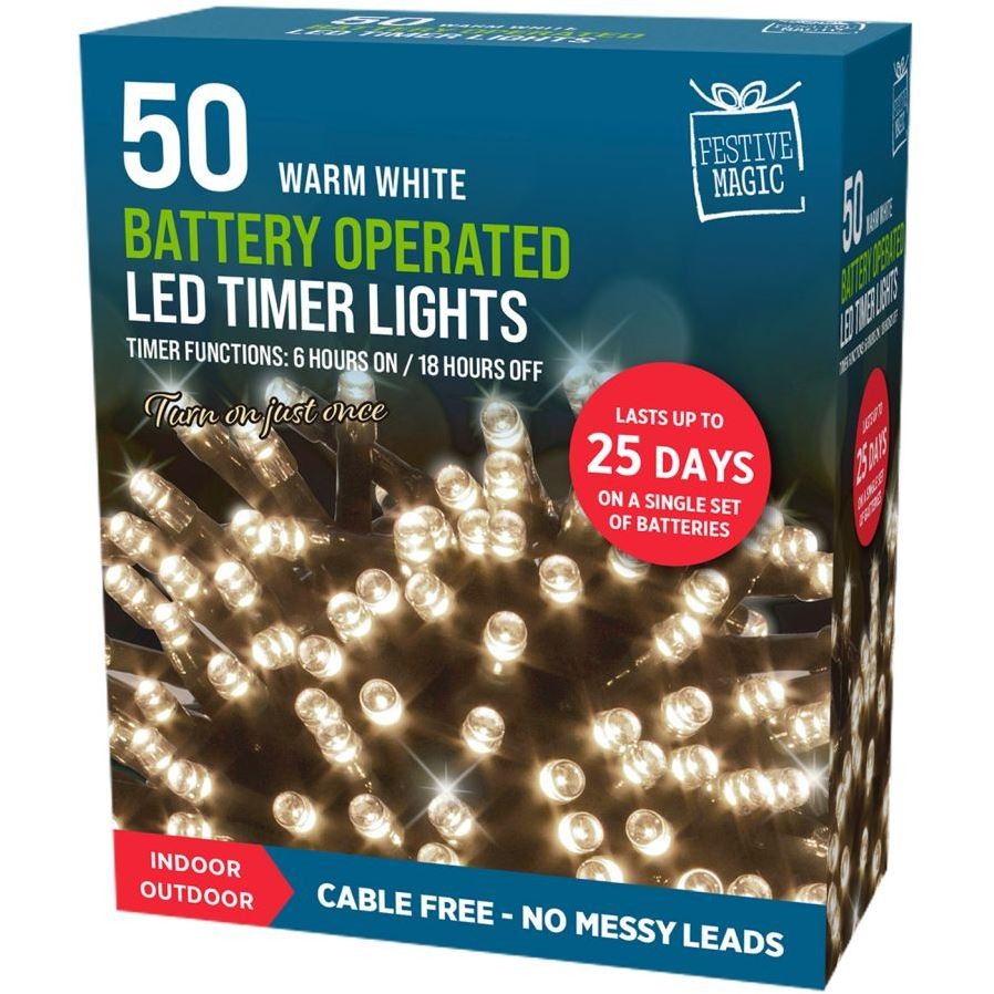 Festive Magic LED Battery Operated Timer Lights 50 Warm White