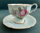 Paragon Teacup Saucer Blue Fluted Pink Cabbage Rose Double Warrant — photo 8
