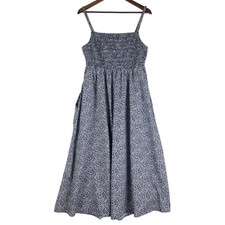 Old Navy Womens Cami Midi Dress L Blue Ditsy Floral Smocked Pockets Cotton EUC