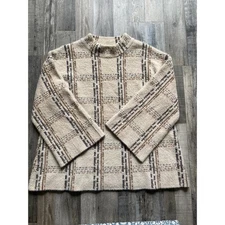 FOIL Plaid The Game Sweater Mock Neck Top XL Beige Brown Blue