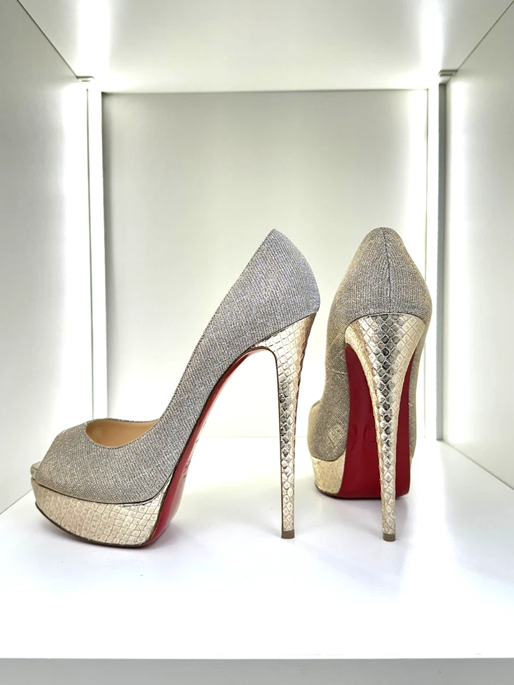 Louboutin Lady peep 40 150mm Silver gold Python snake Lurex peeptoe high heel - Photo 1/4