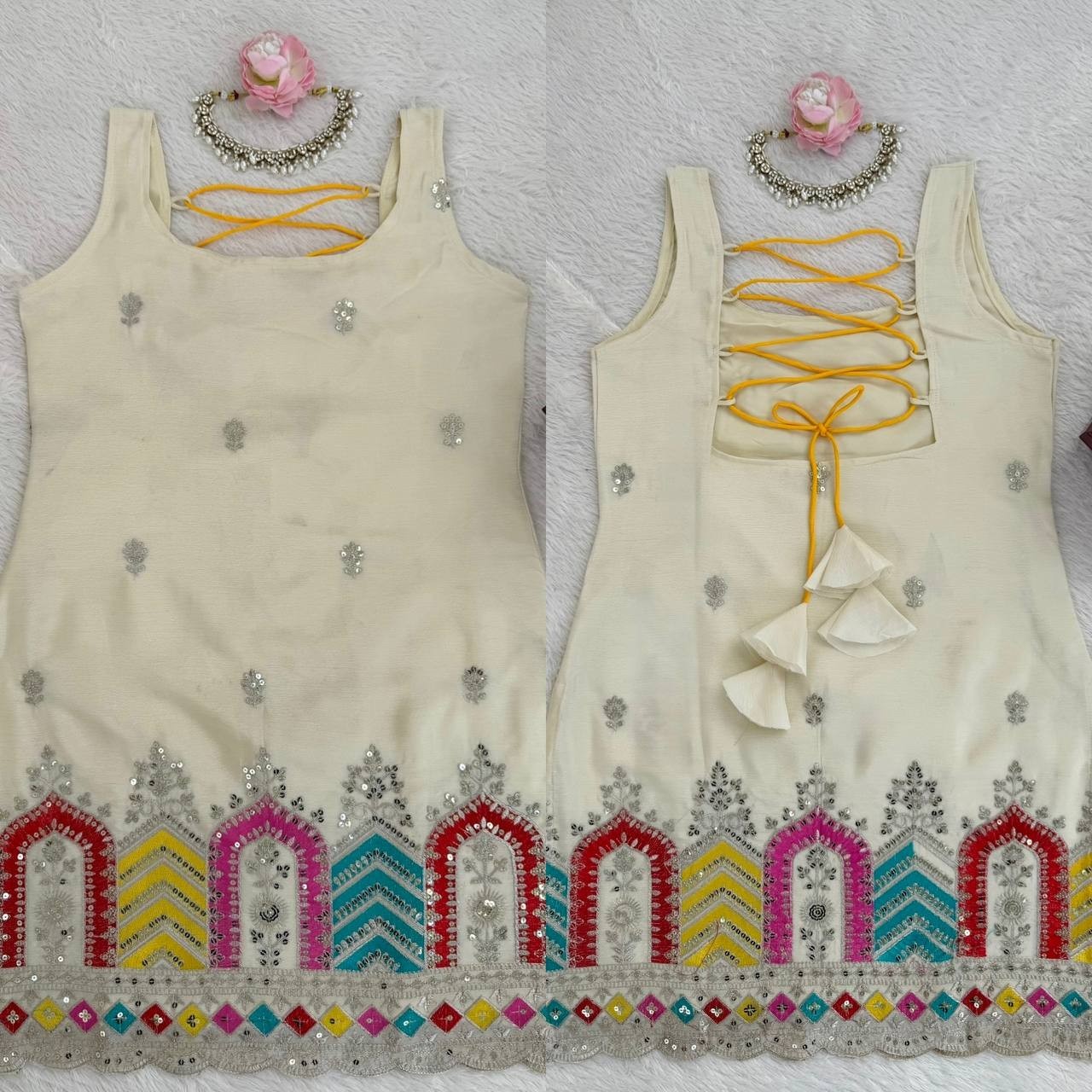 Latest Heavy Chinon Silk Off White Top Palazzo With Dupatta For Festival Wear thumbnail 10