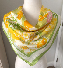 Vtg SW KENT Avon JAPAN 26" Square SILK-Y Acetate FLORAL Spring SCARF GreenYellow