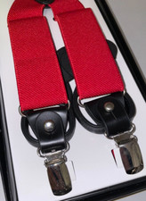 RED Y-SHAPE WIDE BRACES PLAIN CLIP ON LEATHER ENDS FOR SUITS FORMAL BLACK TIE