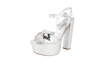 PRADA KRISTALL Plateau Sandalen Peep Toe Sling Pumps 1XP800 SILBER