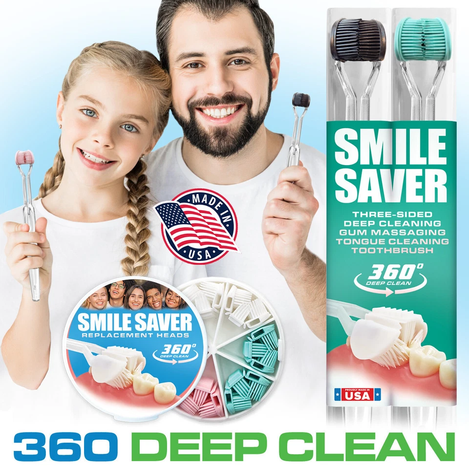 Cepillo de dientes de 3 caras SMILE SAVER 360 ~2PK 360 limpieza profunda + masaje de encías HECHO EN EE. UU. Foto 3 de 4