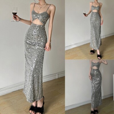 Women Spaghetti Strap Backless Hollow Out Sparkly Sequins Bodycon Long Dress