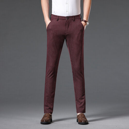 Men Formal Check Trousers Slim-Fit Smart Office Dress Pants Casual Bottoms Solid - Picture 15 of 18