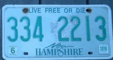 NEW HAMPSHIRE 2016 license plate 334 2213