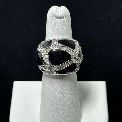 Silver Tone Black Enamel Dome Clear Rhinestone Ring Size 6, 14.1grams