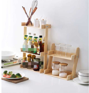 New 2 Tier Pine Natural Wood Wall Mounted Free Standing Wood Wooden Spice Herb Storage Rack Jar Stand Holder