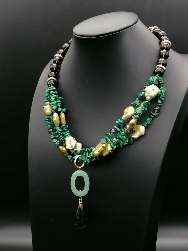 collana girocollo argento malachite perla quarzo avventurina MADE IN ITALY - Immagine 3 di 4