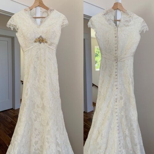 BHLDN Couture Designer A-Line Lace Guipure Button Train Wedding Dress Gown 0/2 - Picture 4 of 15