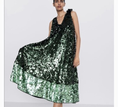 Zara Special Edition Green Sequins Bow Holiday Midi Dress XS
