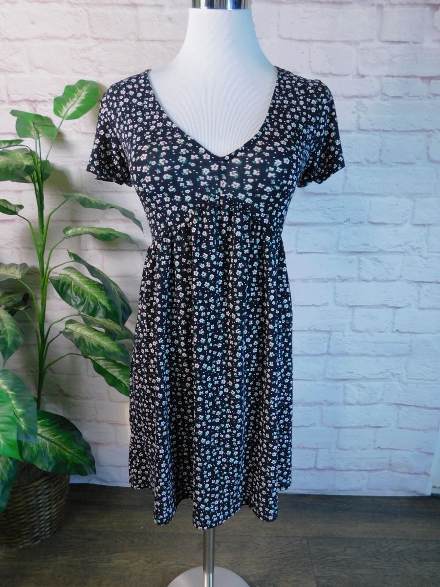 Aeropostale XS Black Floral Print Empire Waist Short Sleeve Dress