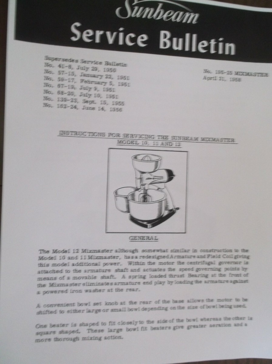 Sunbeam Mixmaster Service Bulletin Models 10, 11, & 12 / Repair