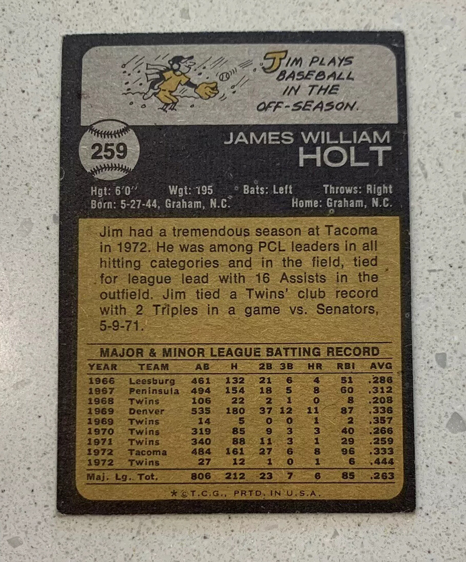 1973 Jim Holt # 259 Minnesota Twins Topps Baseball Card | eBay