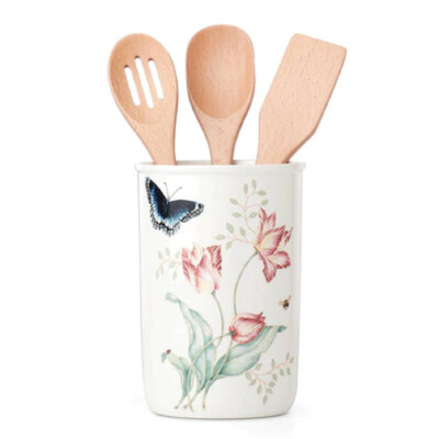 Lenox China Butterfly Meadow Utensil Crock w/ Wooden Servers - N/O