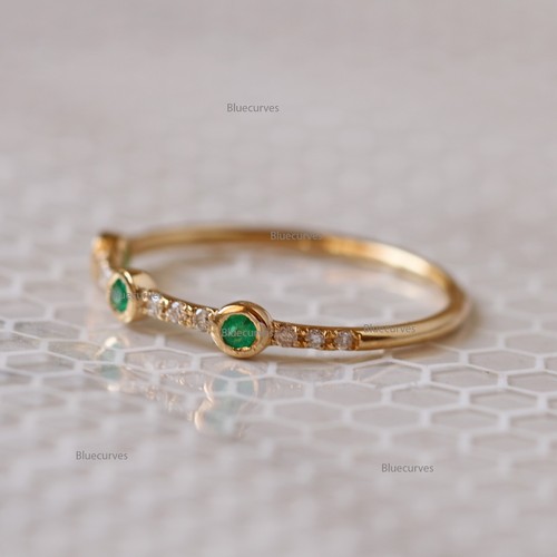 14k Solid Yellow Gold 3 Natural Emerald & Pave Real Diamond Distance Band Ring - Picture 2 of 7