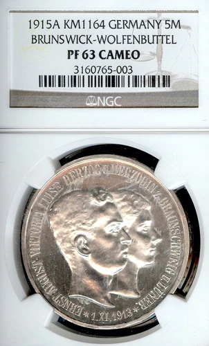German States Brunswick-Wolfenbuttel 1915 5 Mark Coin Thaler Taler NGC PF 63 CAM