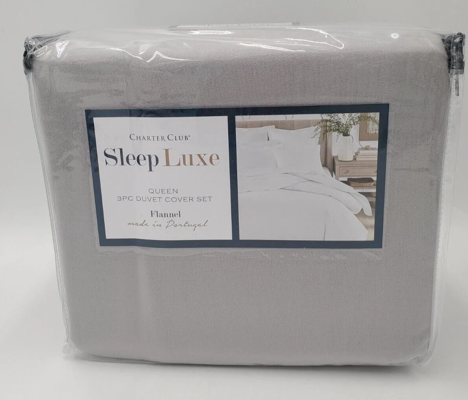 Juego de funda nórdica Charter Club completo/gris reina franela de algodón portugués 3 piezas Foto 2 de 4