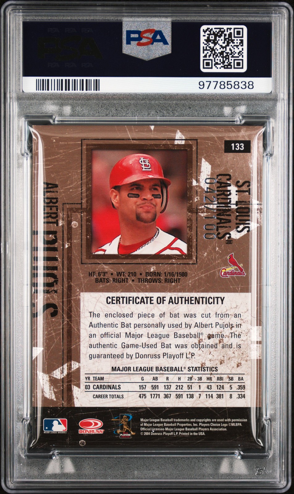 2004 DONRUSS LEATHER & LUMBER BAT #133 ALBERT PUJOLS 42/100 PSA 8 view 2