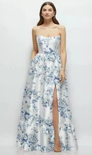 Alfred Sung Cottage Rose Floral Strapless Bustier Satin Gown Size 8 $310 3152FP