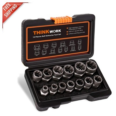 Professional 3/8'' Drive Nut Extractor Set with Reverse Spiral Flutes - 14 Pieces