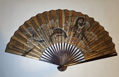 Large Vintage Chinese Dragon Fan Mid Century 54 Hand Painted Wall Fan