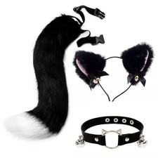 Men Women Cat Ear Headband Necklace Synthetic Wool Tail Sets Cosplay Stage Prop