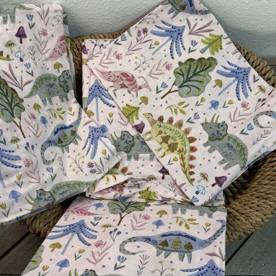JUEGO DE SÁBANAS DE CAMA PARA NIÑOS PEQUEÑOS DINO FLORAL ORGÁNICO GRANERO DE CERÁMICA ~ ROSA MULTI Foto 4 de 4