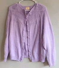 Vintage 1970s Women's Large Purple Lavender Handmade Sweater Cardigan Crocheted
