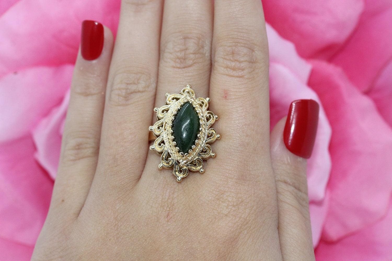 Nephrite Jade Solitaire Statement Ring Yellow Gol… - image 2