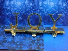 SET OF 3 GOLD CHRISTMAS STOCKING HOLDERS HANGERS JOY J O Y