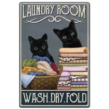 SUPERDANT Black Cat Metal Tin Sign Vintage Laundry Room Wash Dry Fold Retro M...