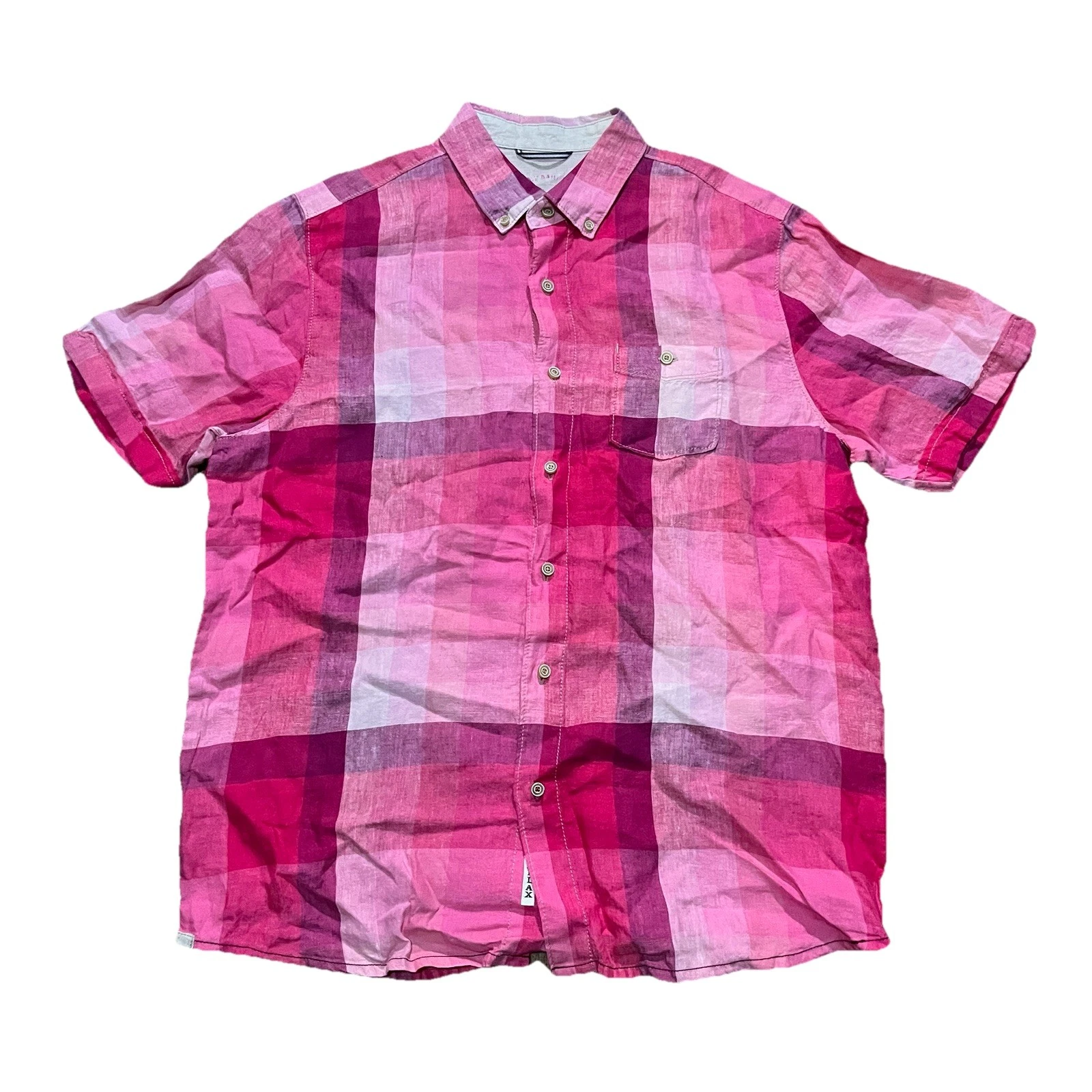 Tommy Bahama Linen Shirt Mens Large Pink Plaid Button Up Island Zone