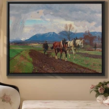 Landscape Oil Painting Canvas Print Rustic Wall Art Farmer Plowing Country Decor