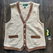Vintage Ralph Lauren Sweater Vest Womens M Beige Cashmere Wool Leather Trim